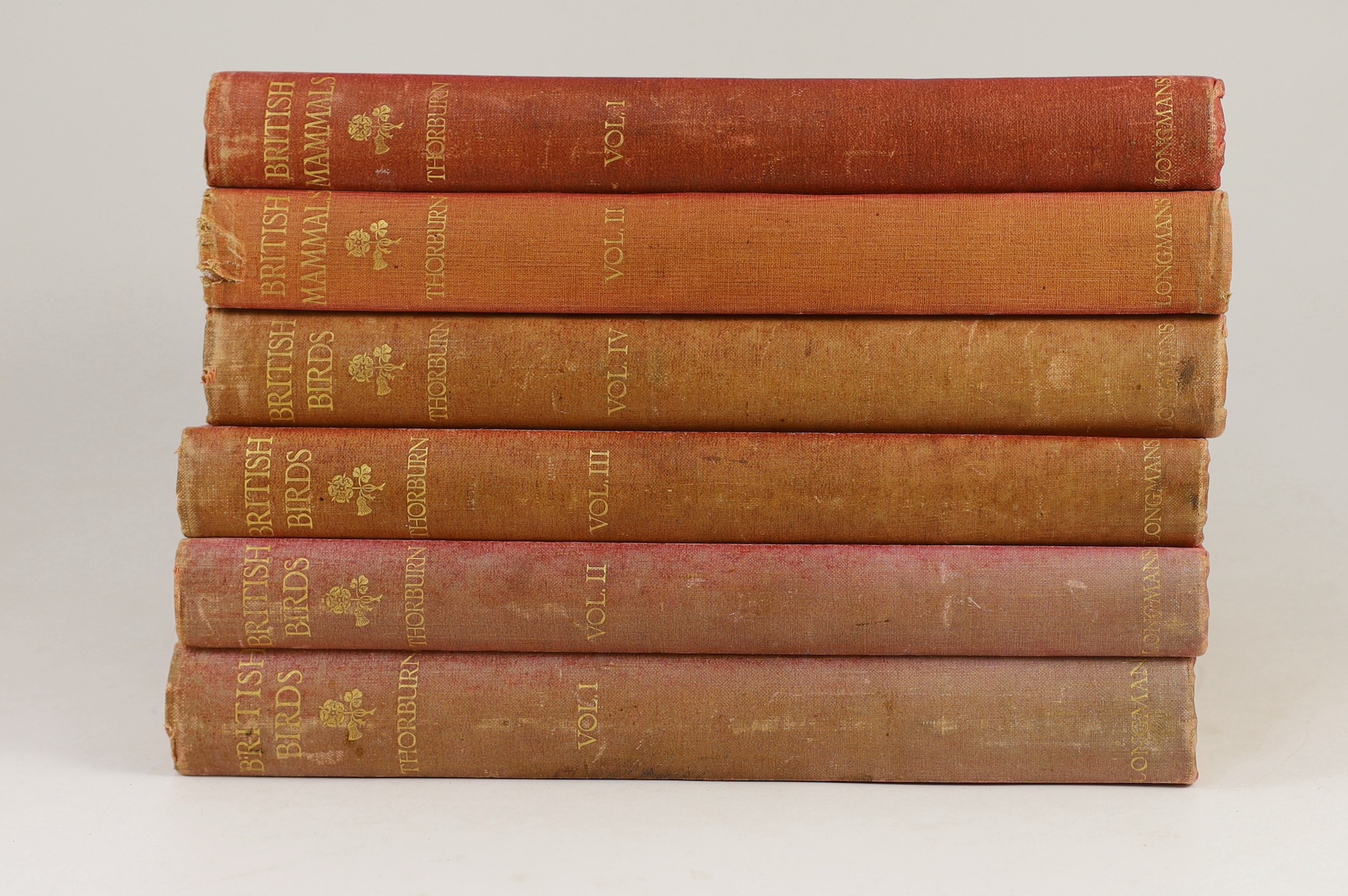 Thorburn, Archibald - British Birds, 4 vols, 4to, original red cloth, with 80 coloured plates, spines sunned, Longmans, Green and Co., London, 1917, uniformly bound with - Thorburn, Archibald - British Mammals, 2 vols, 4